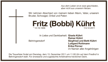 Traueranzeige von Fritz Kührt von Pegnitz-Zeitung